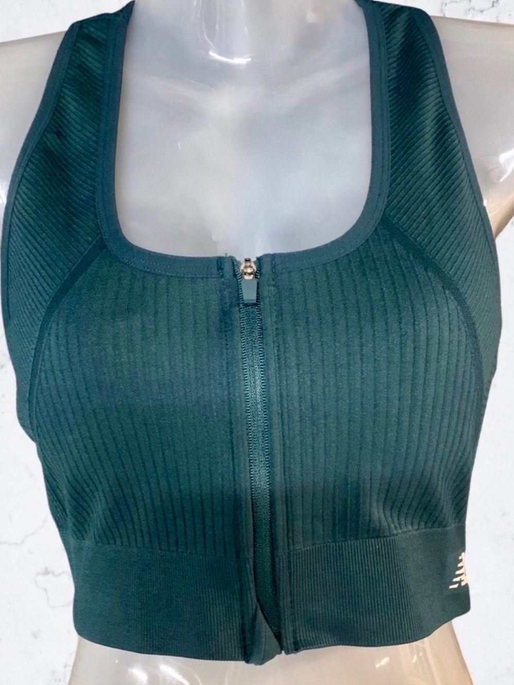 New Balance Ribbed Front-Zip Sports Bra - Forest Green